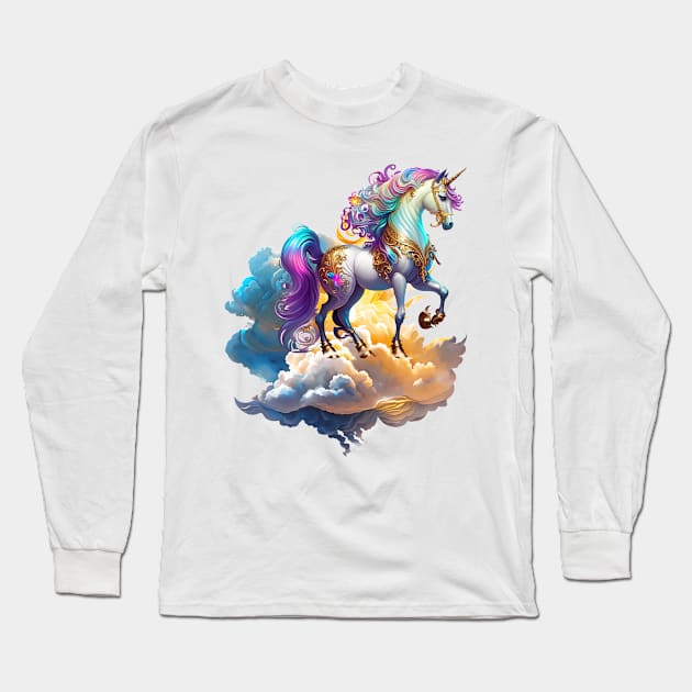 Mythical Unicorn sunny horse clouds splash watercolor fantasy magic tale romance illustration Long Sleeve T-Shirt by sofiartmedia